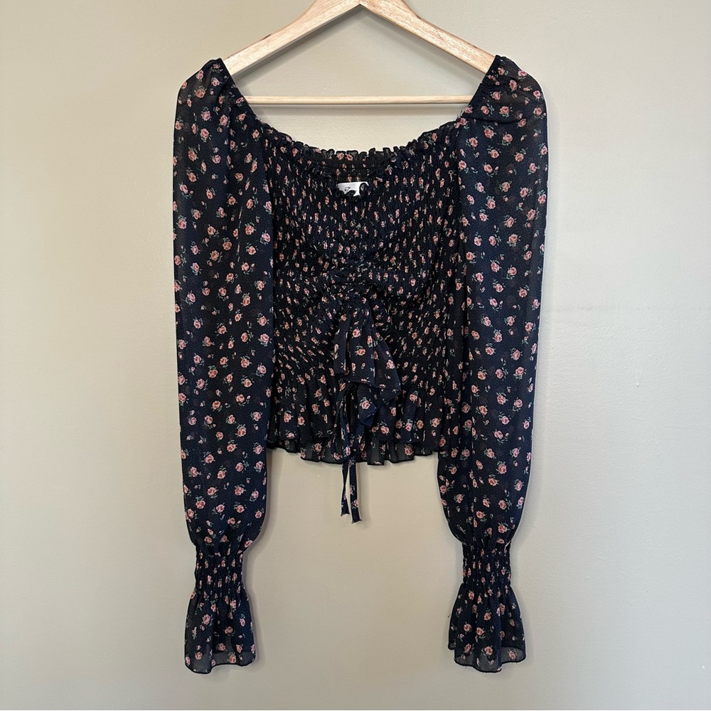 Floral Black and Pink Smocked Adjustable Top with Sheer Sleeves- XL